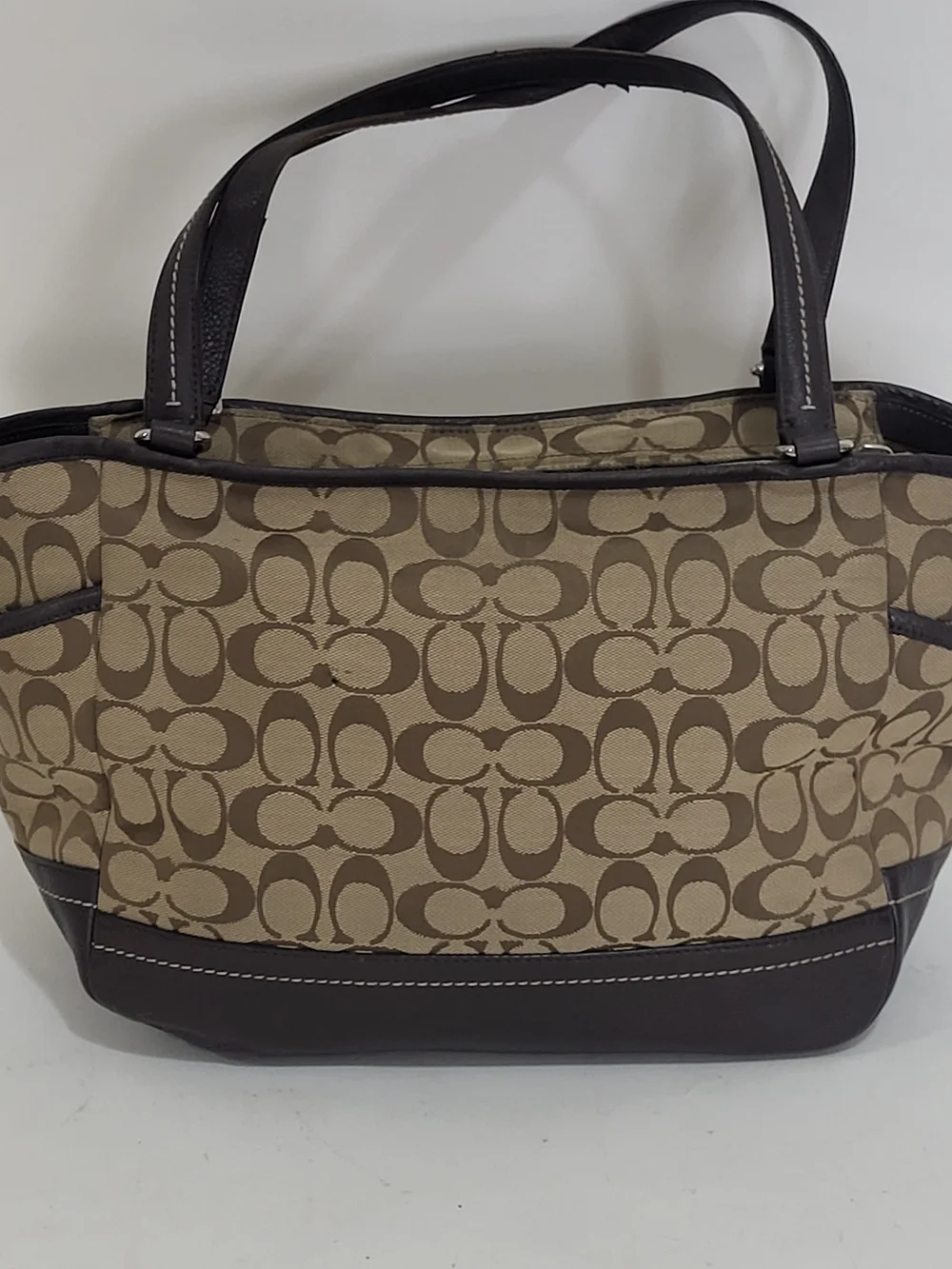 Coach Park Signature Carrie Tote Bag Khaki Brown Monogram F23297